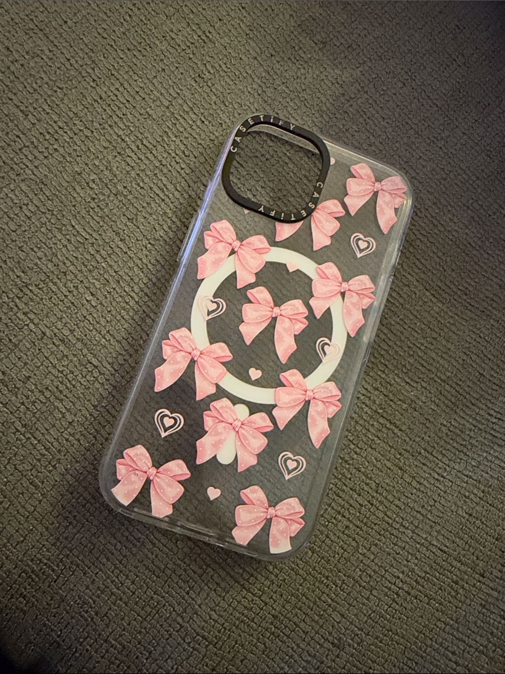 Casetify Clear Case with Pink Glitter Bows and White MagSafe Ring